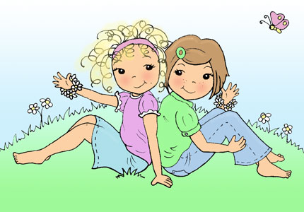 Stamp - Girls sitting in the grass making daisy chains.